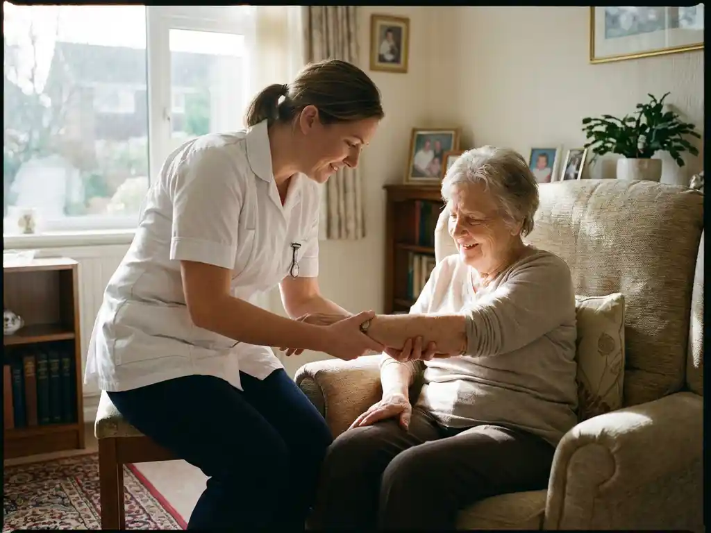 Thuiszorgmedewerker in wit uniform onderzoekt arm van patiënt in warme huiskamer met natuurlijk licht