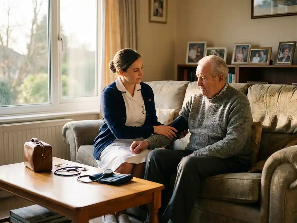 Thuiszorgverpleegkundige onderzoekt arm van oudere patiënt op woonkamerbank met medische benodigdheden op tafel