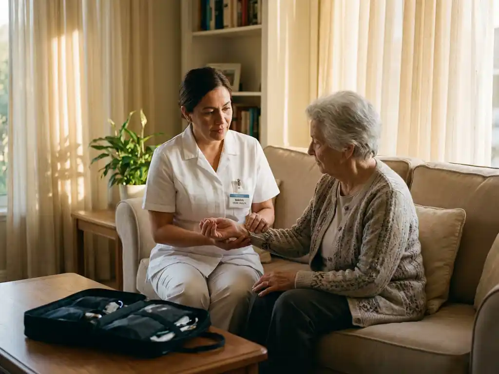 Thuiszorgmedewerker in wit uniform onderzoekt arm van oudere patiënt op woonkamerbank, medische tas op tafel