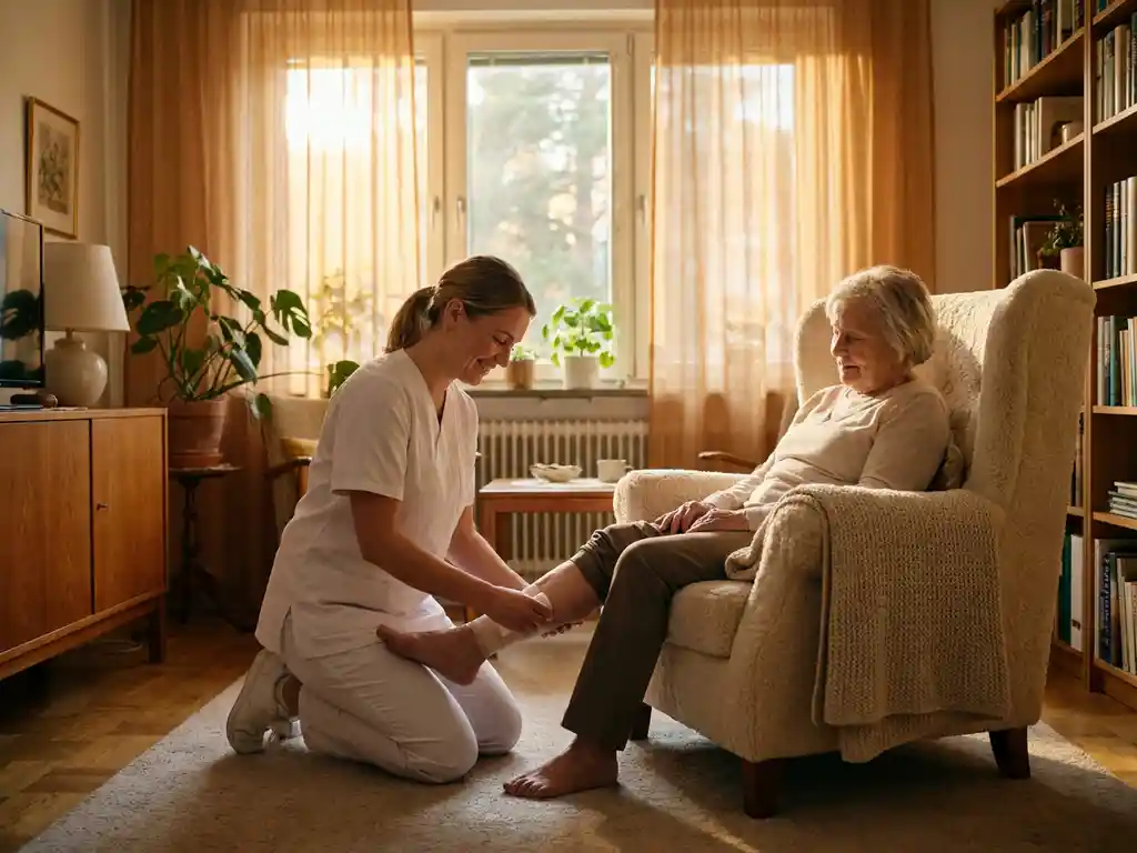 thuisverpleging-verzorging-oudere-patient.jpg Verpleegkundige in wit uniform knielt naast oudere patiënt in fauteuil en verzorgt het onderbeen thuis in warm verlicht woonkamer.