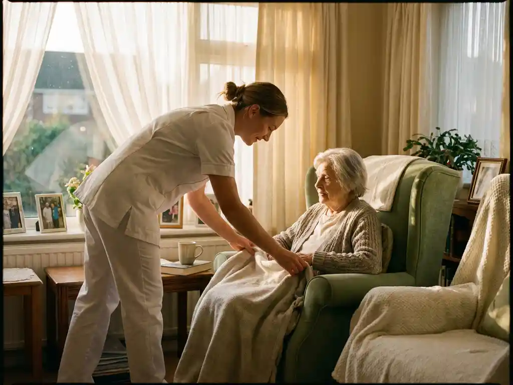 Thuisverpleegkundige in wit uniform verzorgt een oudere patiënt in een fauteuil, warm middaglicht door lichte gordijnen.