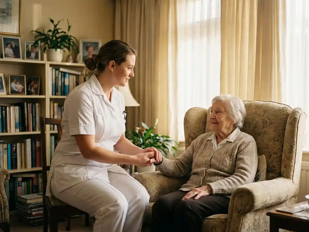 Verpleegkundige in wit uniform verzorgt een oudere patiënt in een fauteuil, warme middagzon door gordijnen, thuiszorg.