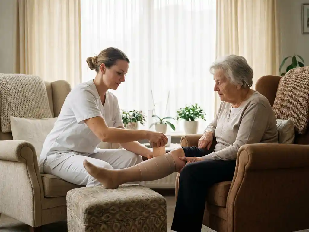 Thuiszorgverlener in wit uniform legt compressieverband aan op het onderbeen van een oudere patiënt in een warme woonkamer.