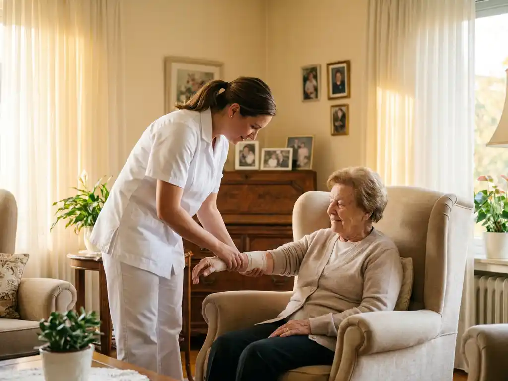 Thuisverpleegkundige in wit uniform verzorgt verband om onderarm van oudere patiënt in een fauteuil, warm middaglicht.