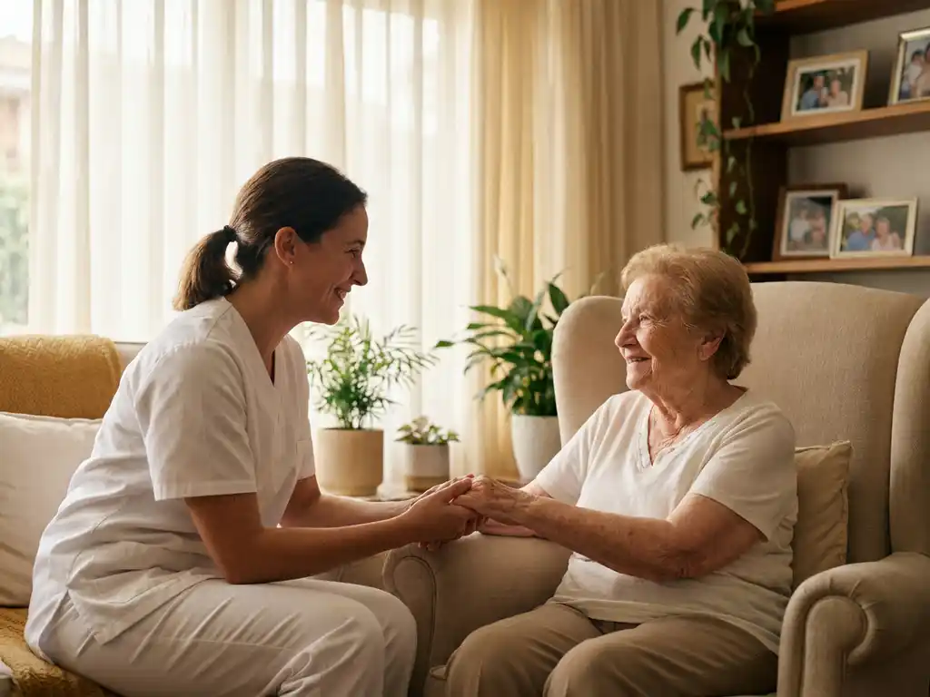 Verzorger in wit uniform helpt oudere patiënt in fauteuil, warm verlichte woonkamer met planten en familiefoto's op achtergrond.