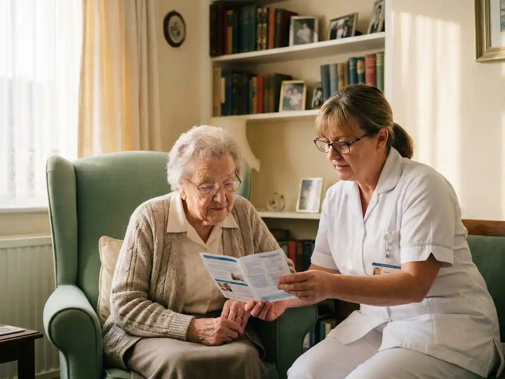 Verpleegkundige in wit uniform bespreekt medicatiebijsluiter met oudere patiënt in gezellige woonkamer met warm middaglicht.
