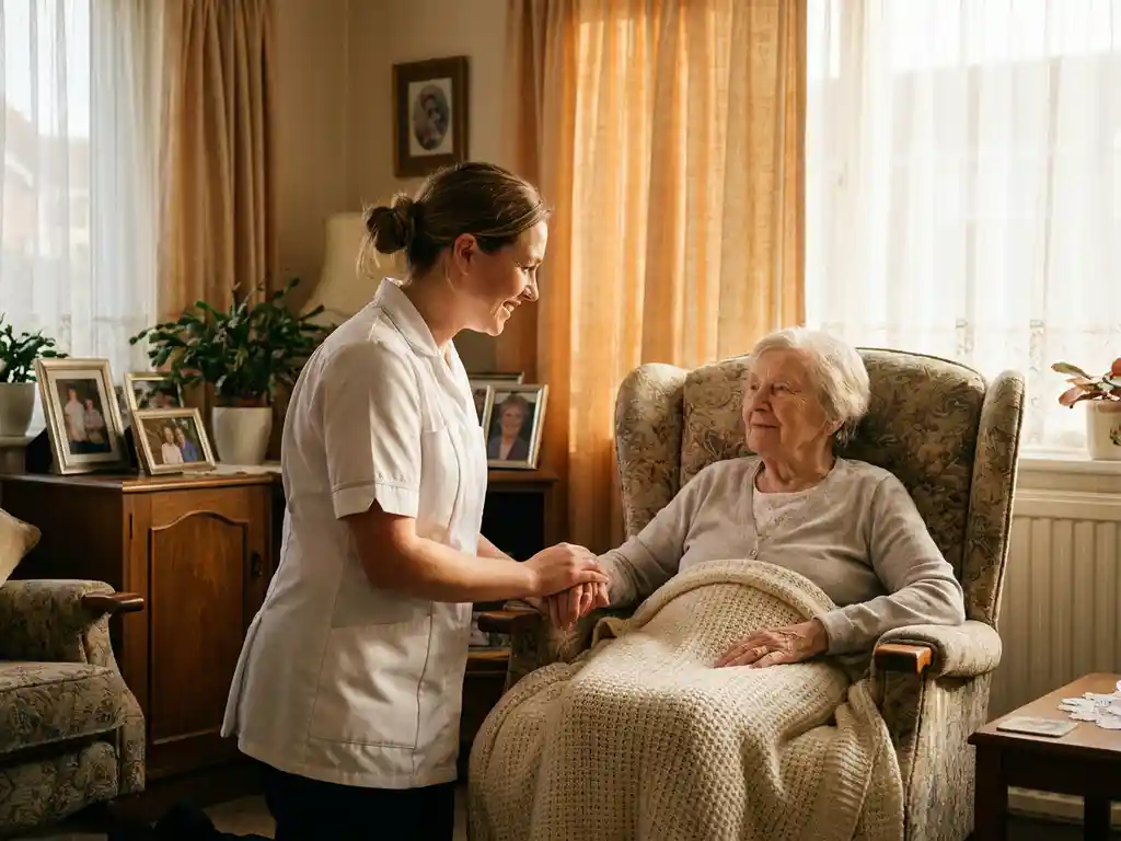 Verpleegkundige in wit uniform verzorgt een oudere patiënt in een fauteuil, warm middaglicht door gordijnen, sfeer van vertrouwen en rust.