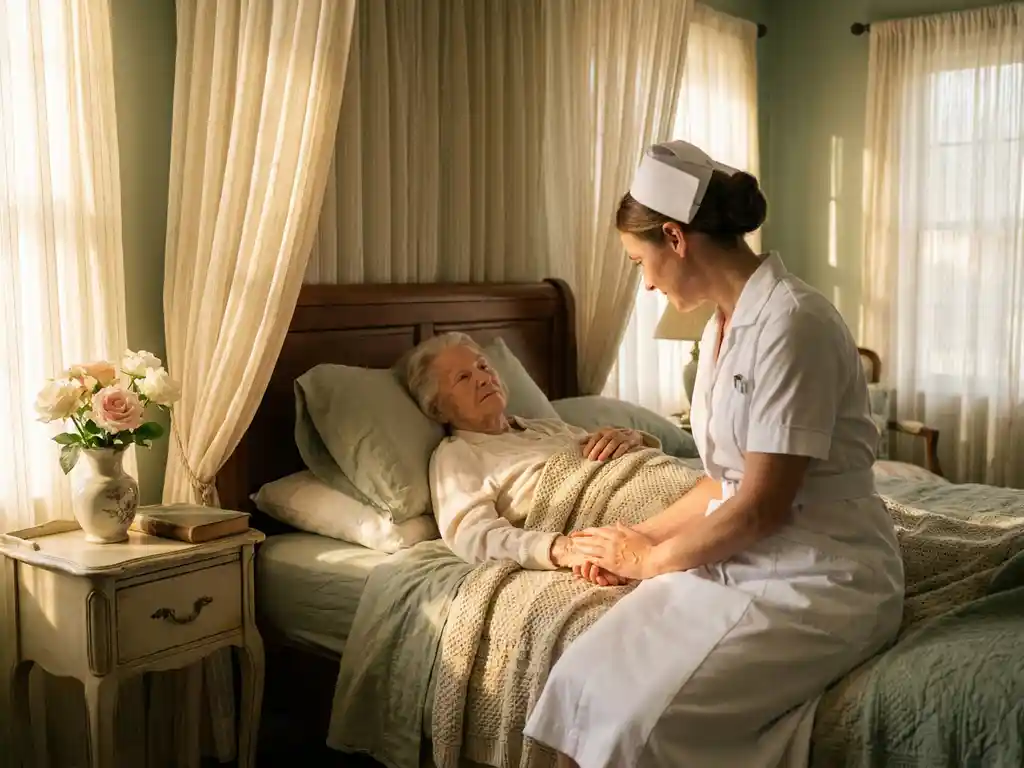 verpleegkundige-ouderenzorg-thuiszorg-hand-vasthouden.jpg Verpleegster in wit uniform houdt de hand van een oudere patiënt in bed, zacht middaglicht en verse bloemen op het nachtkastje.