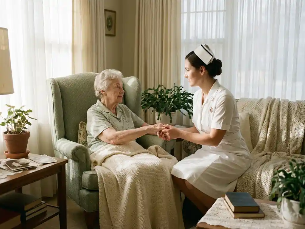 Verpleegkundige in wit uniform pakt zachtjes de hand van een oudere patiënt in een fauteuil thuis, warm natuurlijk licht.