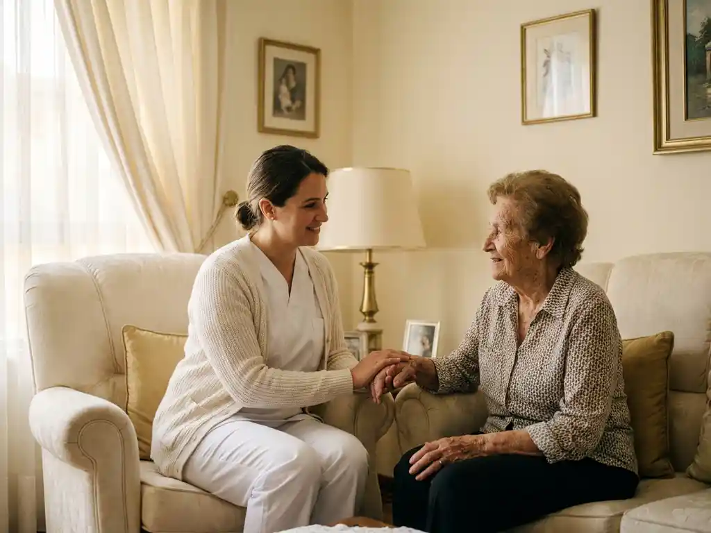 zorgverlener-oudere-patient-thuiszorg-warmte.jpg Verzorger in wit uniform houdt hand vast van oudere patiënt in fauteuil, warme huiskamer met zacht natuurlijk licht.