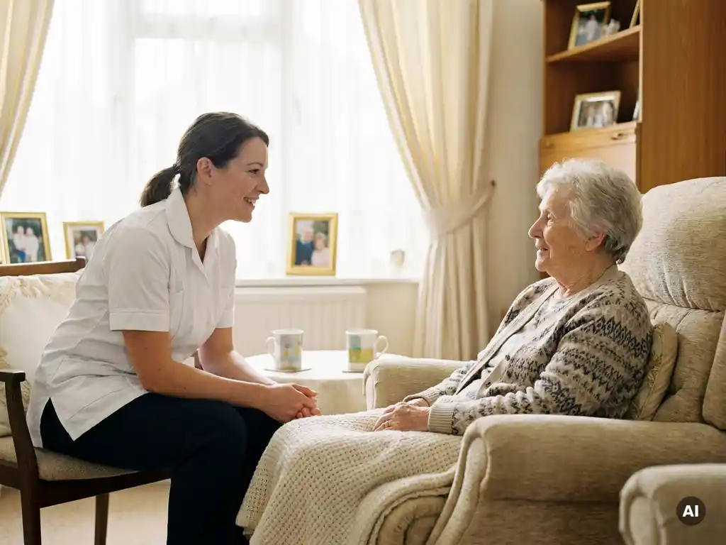 Thuisverpleegkundige in wit uniform in gesprek met ontspannen oudere patiënt in fauteuil, warm natuurlijk licht in gezellige woonkamer.